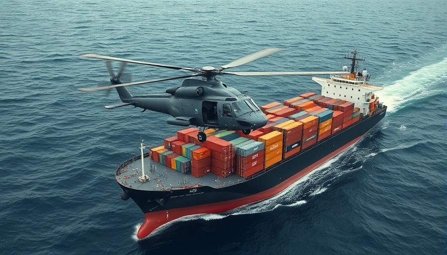 Military helicopter over ship in ocean, shipping high alert, photorealistic.