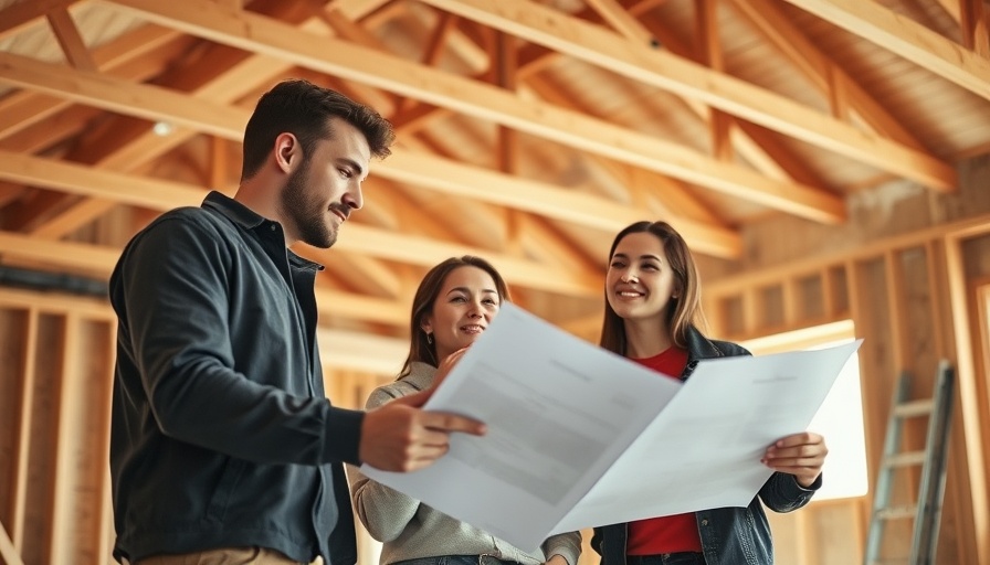 Homeowners and builder discussing setback requirements in an unfinished room.