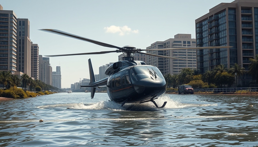 Helicopter crash safety image showing emergency landing near water.