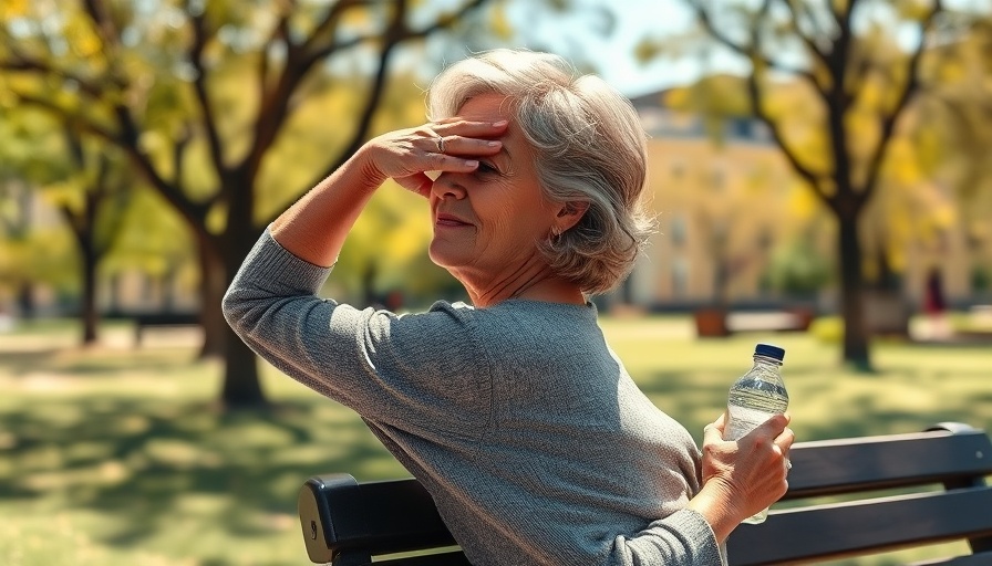 Middle-aged woman experiencing heat sensitivity in a park setting.