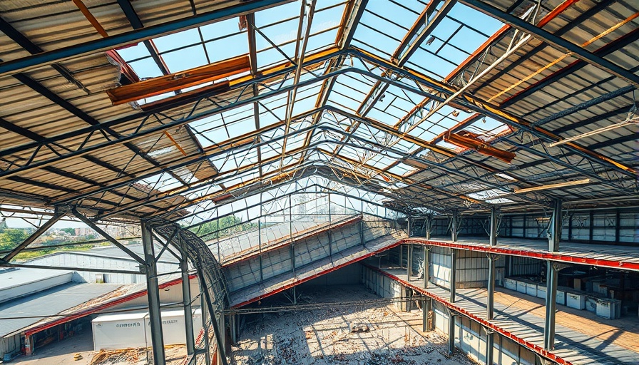 Upper Deerfield warehouse collapse with exposed roof structure, aerial view.