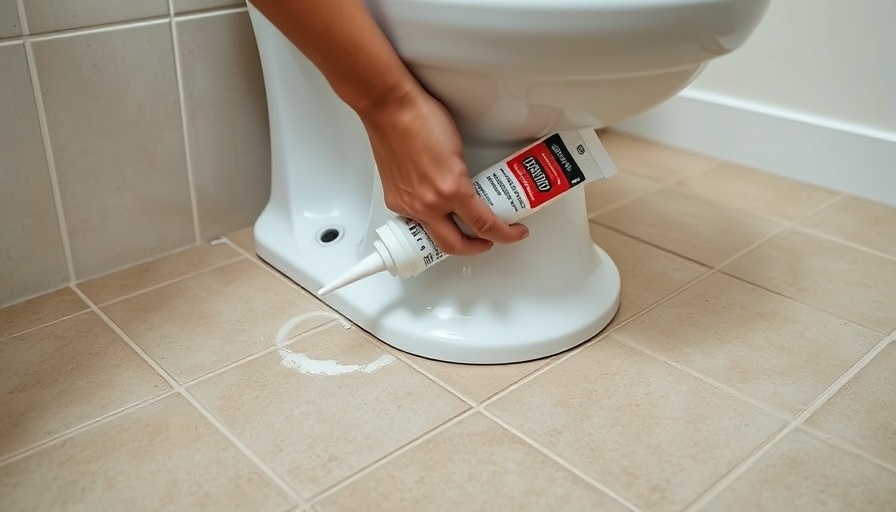 Applying caulk around toilet base for sealing.