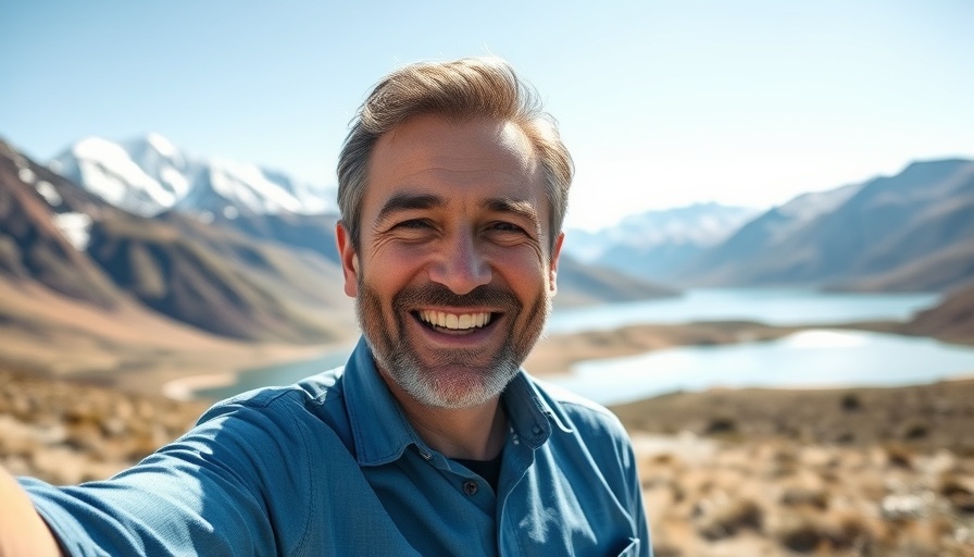 Man traveling in Chile near lake and mountains, sunny day.