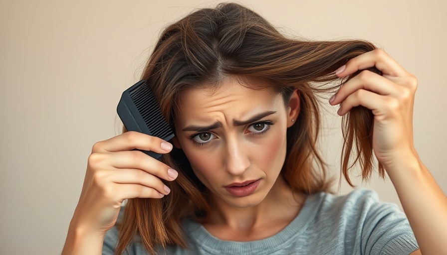 Woman showing concern over hair loss, holding comb with hair after miscarriage.