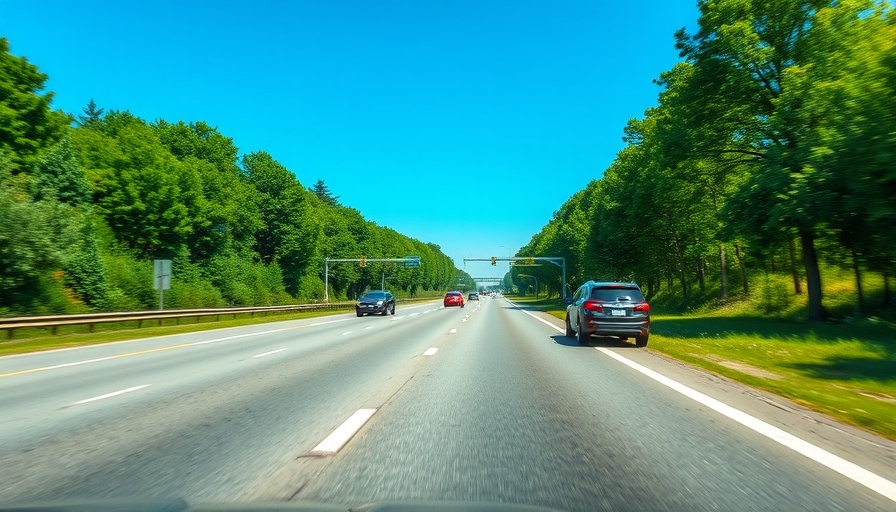 Open highway scene during the day, clear sky, cars passing by in southeastern US.