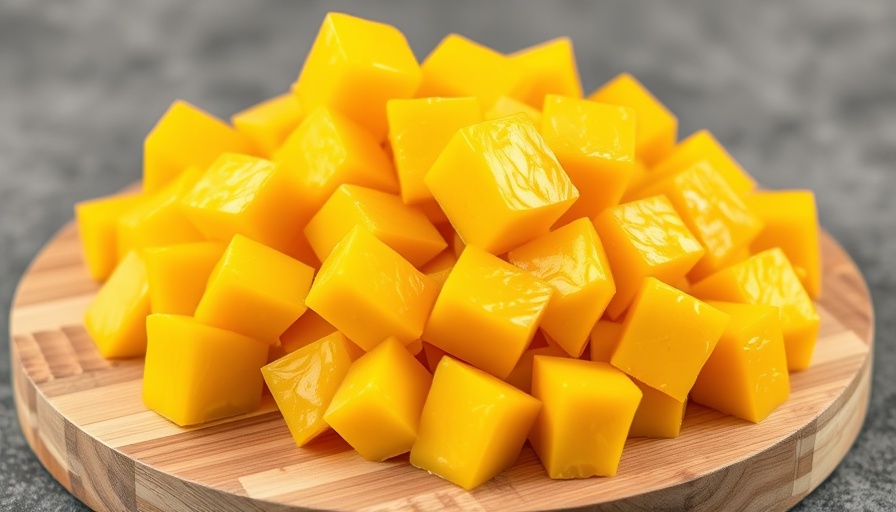 Freshly cut mango cubes on a wooden board, emphasizing mango consumption and blood sugar.