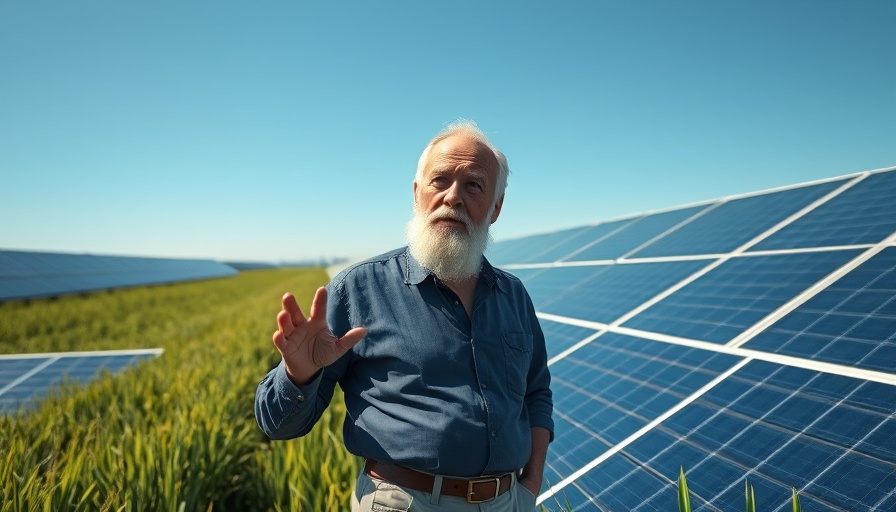 Elderly man discussing renewable energy at solar panel site.