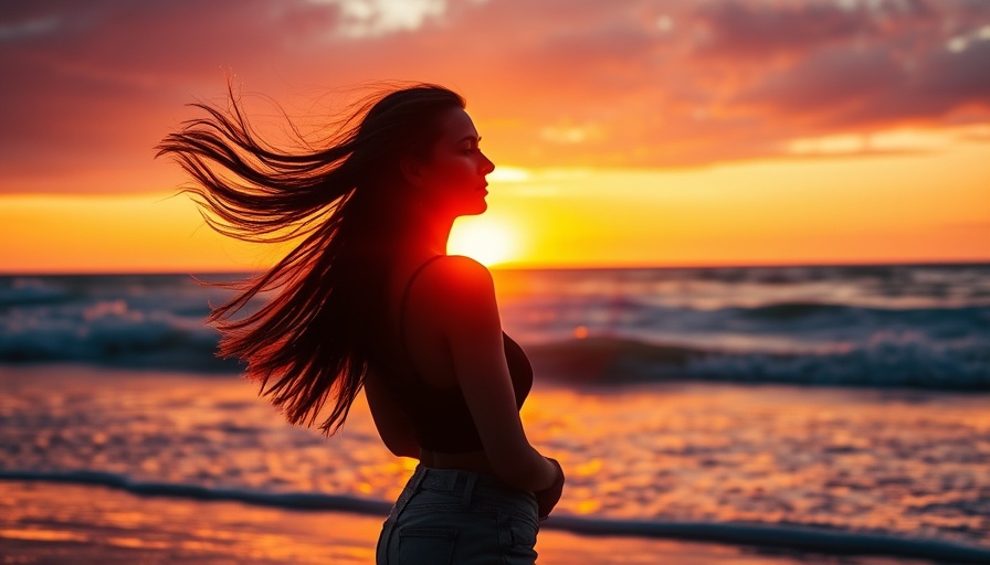Woman enjoying Salty Scents for Summer at sunset beach.