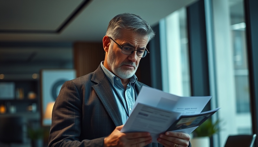 Middle-aged man contemplating finances in a modern office.