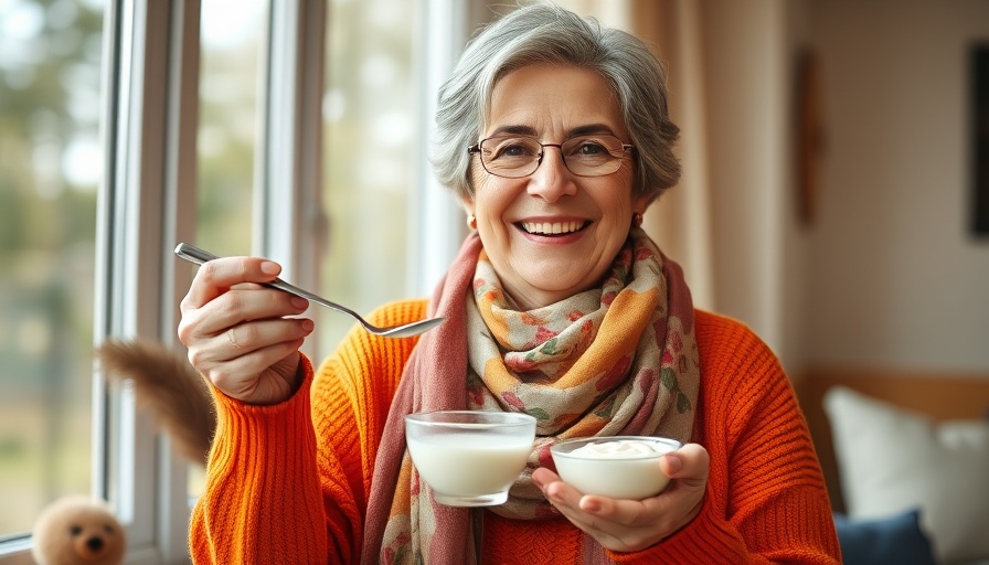 Middle-aged woman enjoys a high-protein yogurt snack by a window.