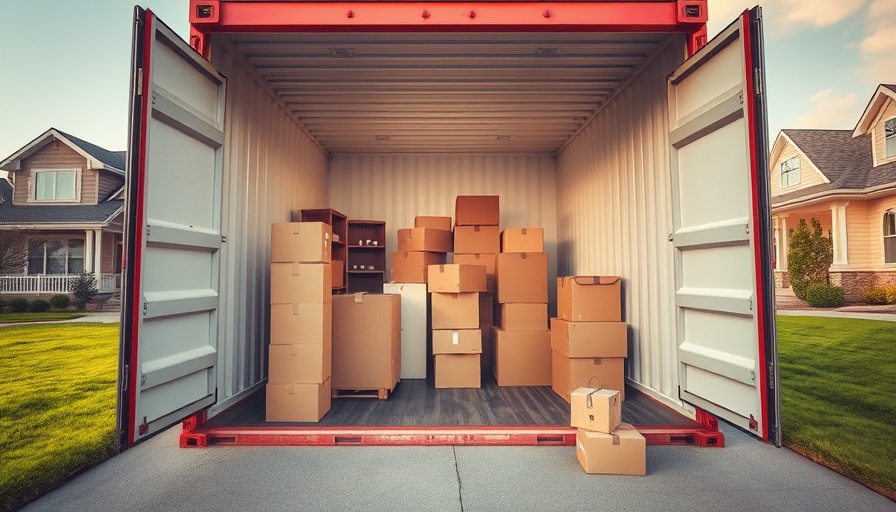 Open moving container on driveway with boxes and furniture in suburb.