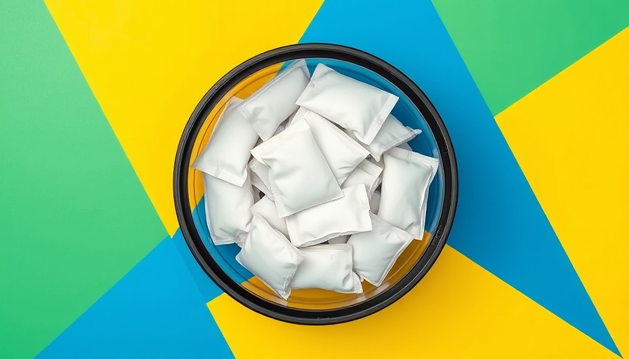 Round container of white pouches on a colorful background.