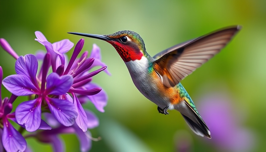 Delicate hummingbird near purple flowers, ideal for attracting hummingbirds to your yard.