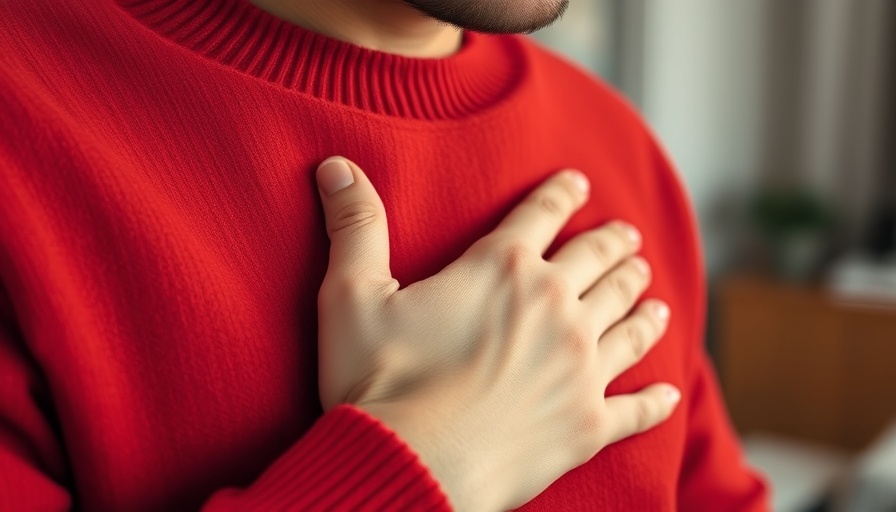 Close-up of a hand on chest in red sweater related to cardiac conditions.