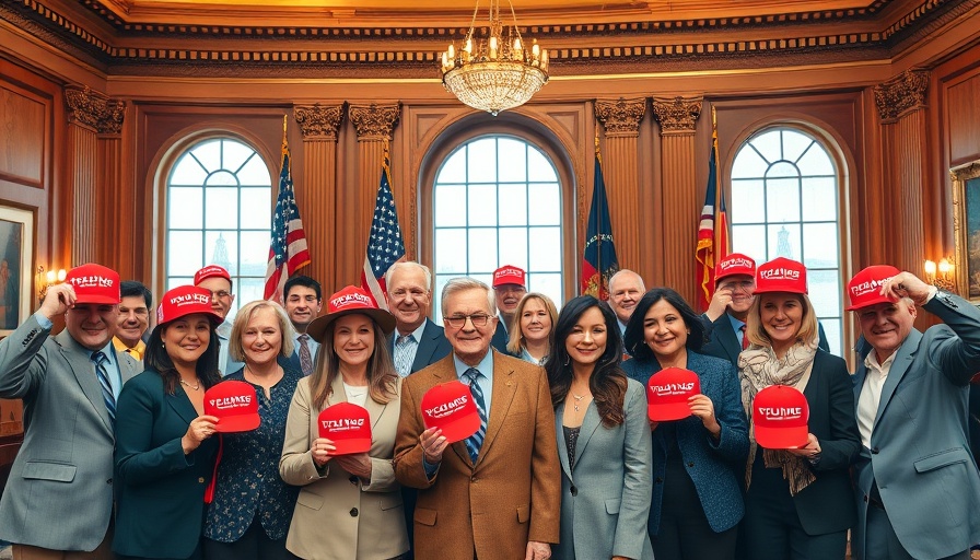 Public figures in an office setting with political hats.