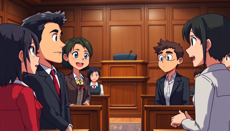 Courtroom scene with animated characters in trial setting.