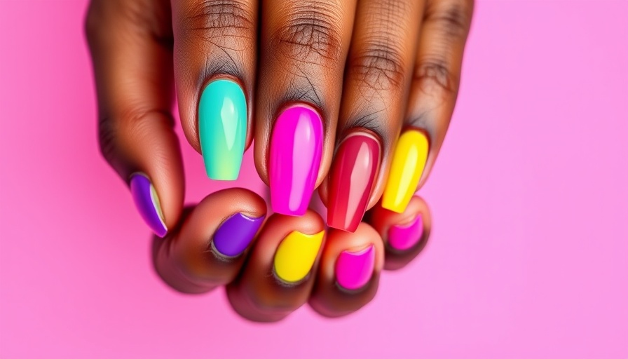 Vibrant summer nail colors on deep skin tone close-up.