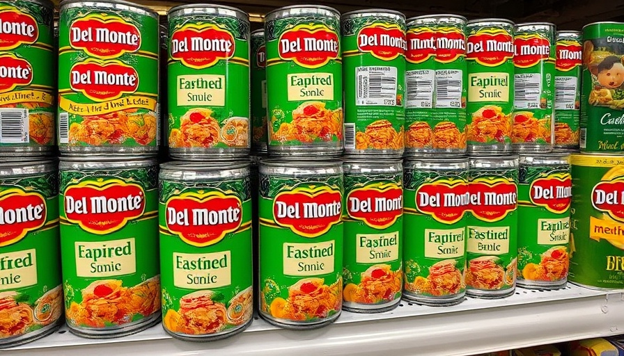 Del Monte Foods products stacked in a grocery store.
