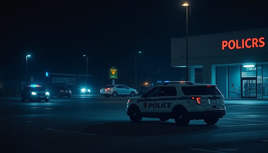 Nighttime scene of parking lot with police vehicle after gunfire.