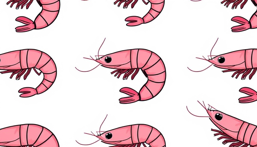 Patterned pink shrimp with black line details, repeated design.