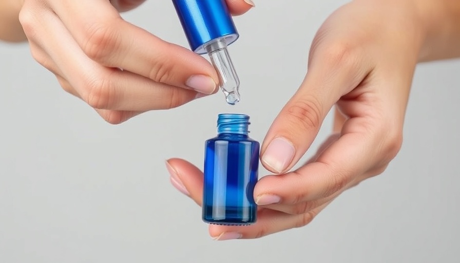 Hands dispensing peptide-retinol serum with blue bottle.