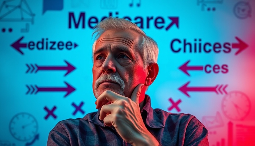 Man considering Medicare choices with directional arrows.