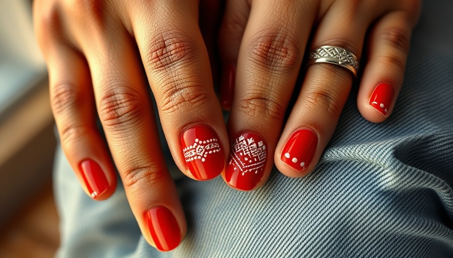 Intricate bandana nails trend with red and white designs.