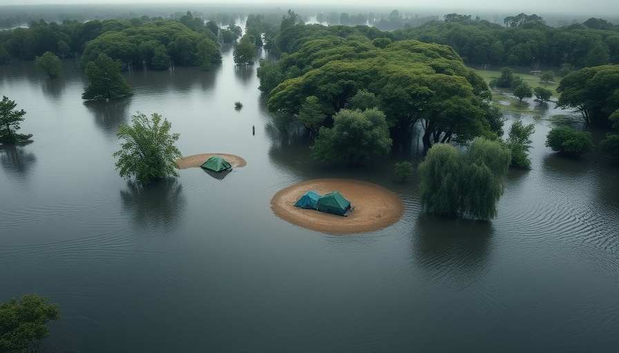 Aerial view of Camp Mystic Flood with submerged tents.