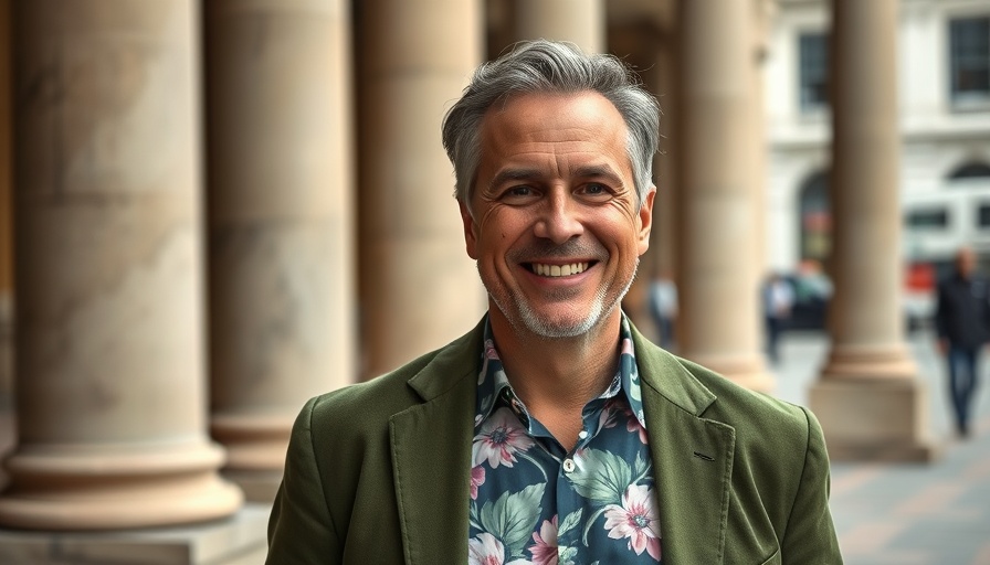 Confident middle-aged man smiling in floral shirt, green blazer.