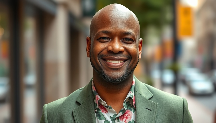 Confident bald man smiling warmly in a vibrant shirt and blazer.