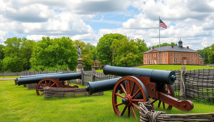 Vintage cannons at Fort Ligonier surrounded by greenery.