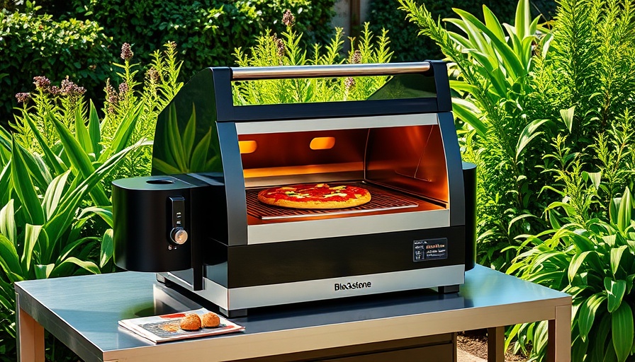 Blackstone grill with pizza in garden setting, discount alert.
