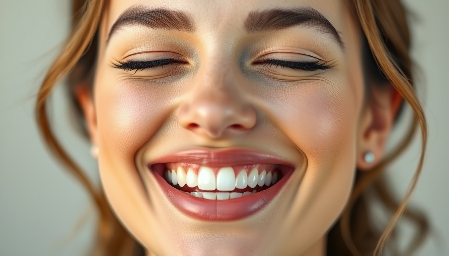 Smiling woman revealing no-prep veneers in close-up shot.
