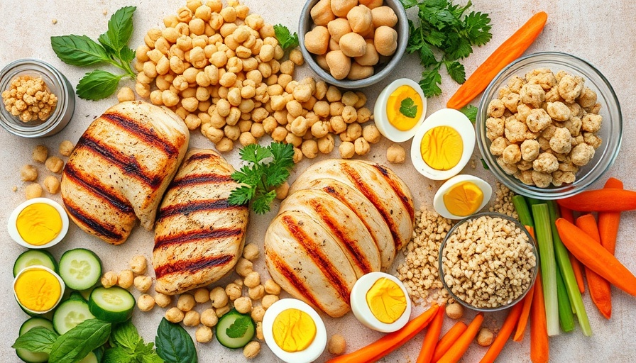 Healthy protein-rich foods on table, highlighting eating more protein than carbs.