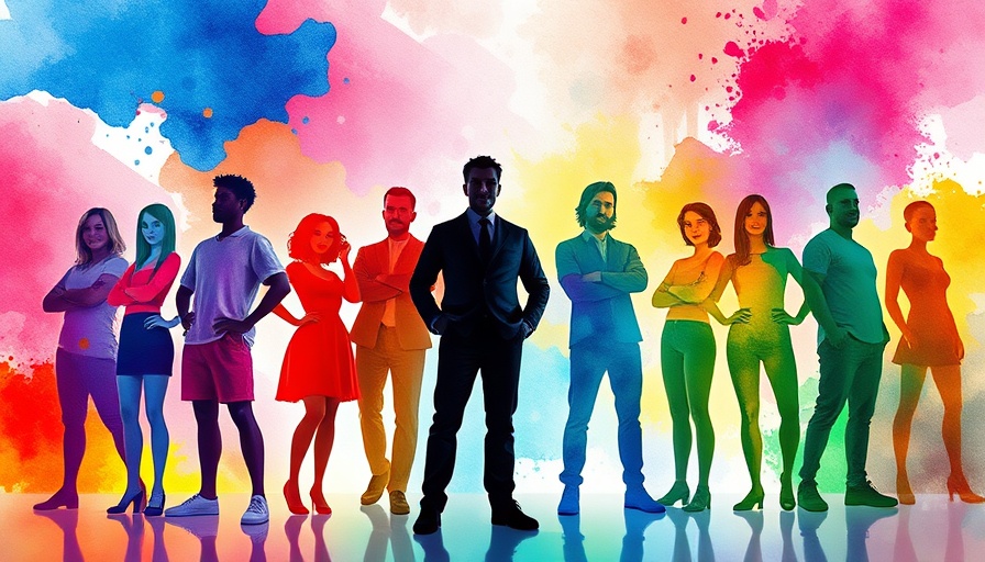 Vibrant watercolor graphic showcasing diverse figures, abstract background.