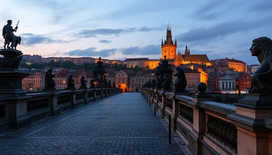 Prague travel tips: Charles Bridge at twilight with historic architecture.