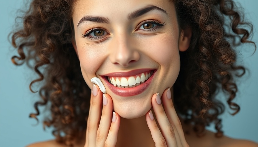 Smiling woman applying cream, part of a 5-step skincare routine for glowing complexion.