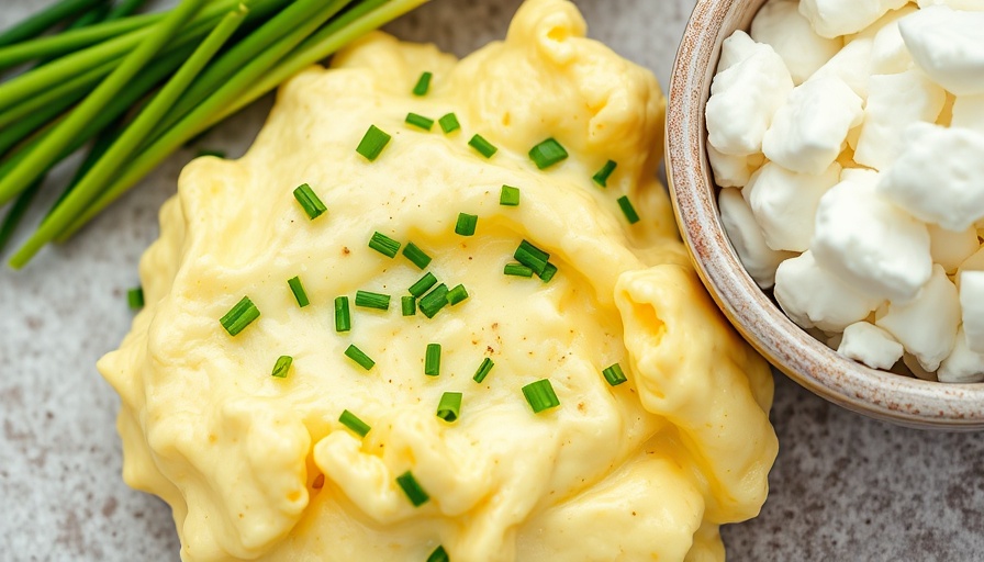 Protein content of eggs and cottage cheese displayed with scrambled eggs and cottage cheese on a plate.