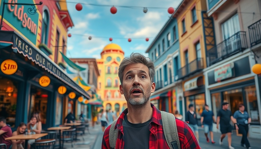 Vibrant Bryn Mawr downtown scene with surprised man, colorful environment.