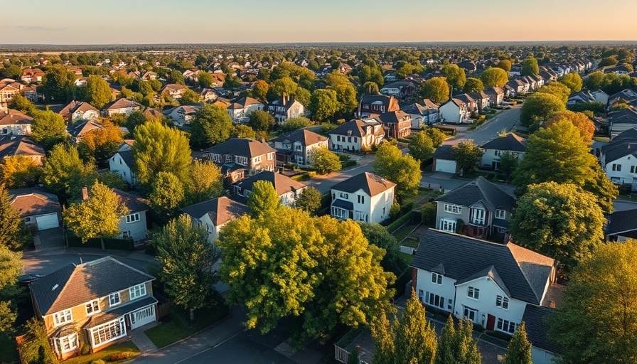 Aerial suburban neighborhood impacting credit scores.