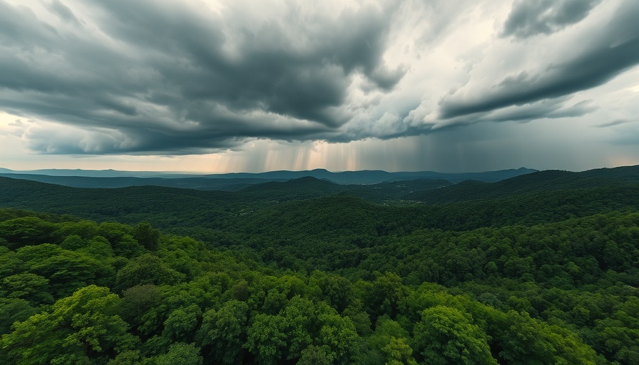 Lush landscape in Pennsylvania under dark storm clouds, highlighting flood risks.
