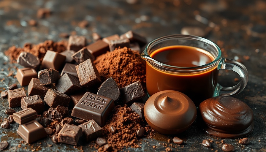 Different forms of dark chocolate on dark surface highlighting health benefits.
