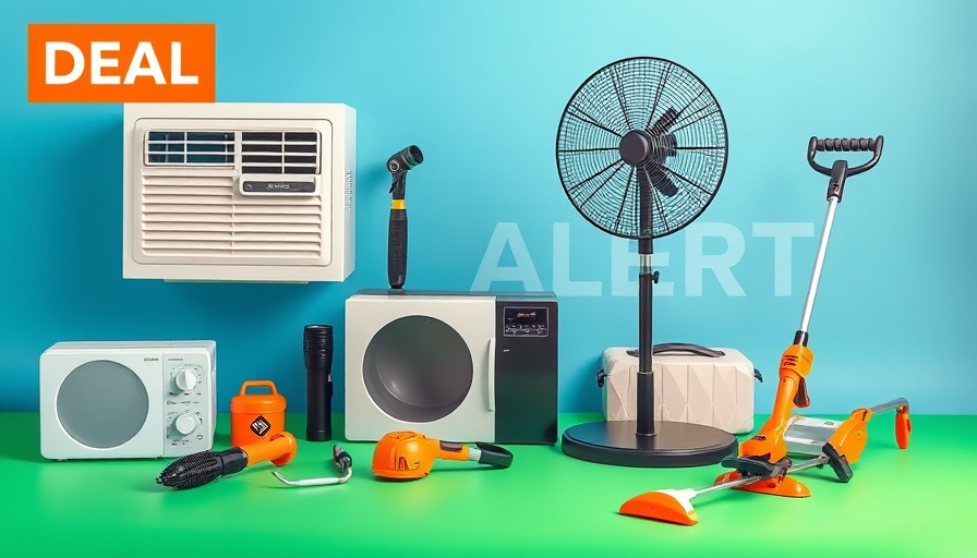 Best deals on tools and appliances, colorful gradient background.
