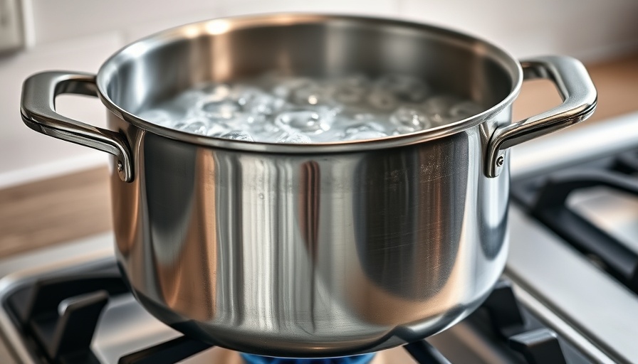 Stainless steel pot boiling water on a gas stove, household fix.