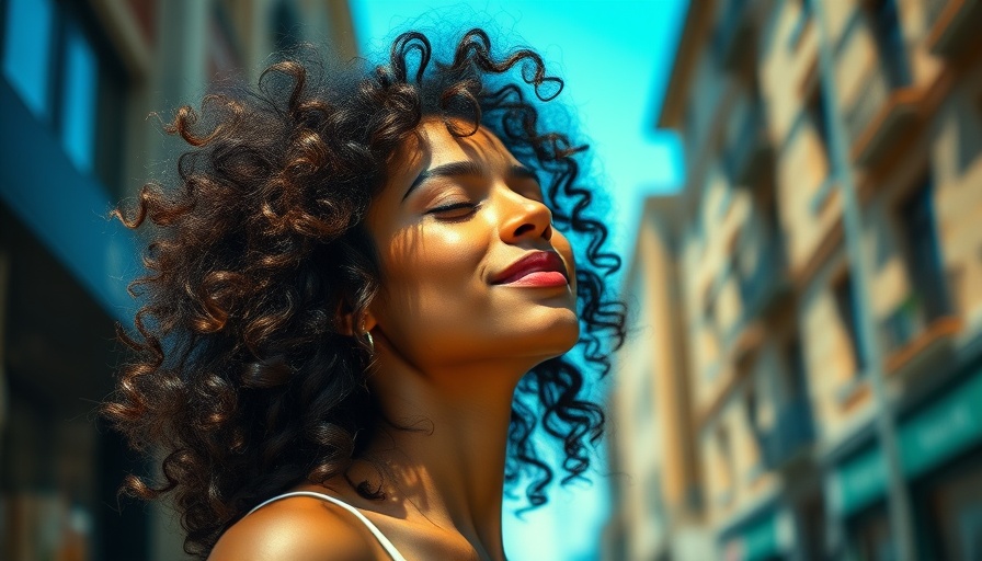 Confident woman with natural curls soaking up the sun in an urban setting.
