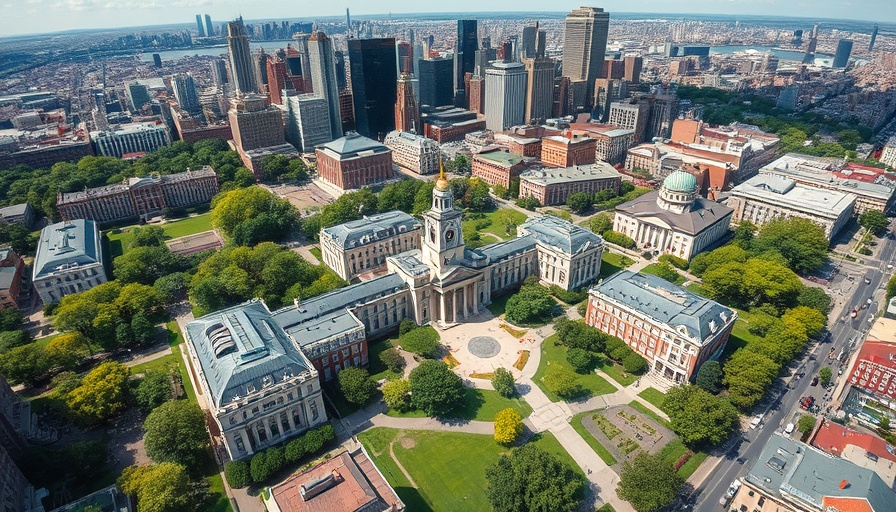 Columbia University campus aerial view amidst NYC skyline, representing educational and urban integration.