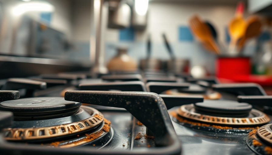 Guide on How to Clean Stove Drip Pans with close-up of dirty burners.