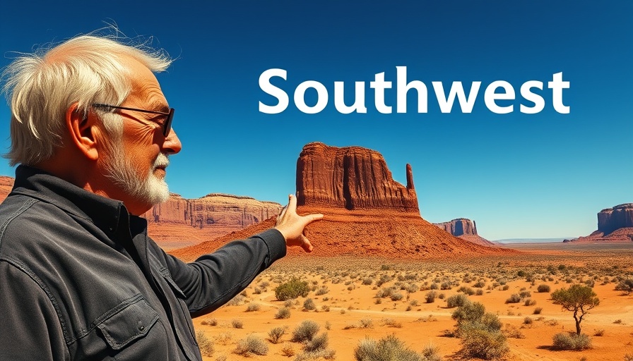 Older man points at Southwest rock formation, Visiting the American Southwest.