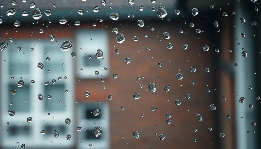 Raindrops on window with blurred building; Central Pennsylvania flash floods.
