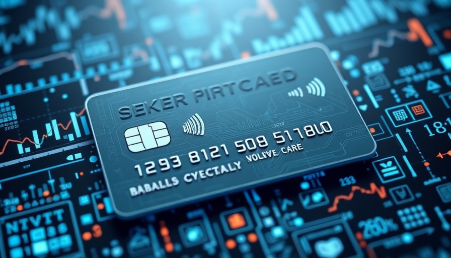 Futuristic credit card with digital data symbols and charts.
